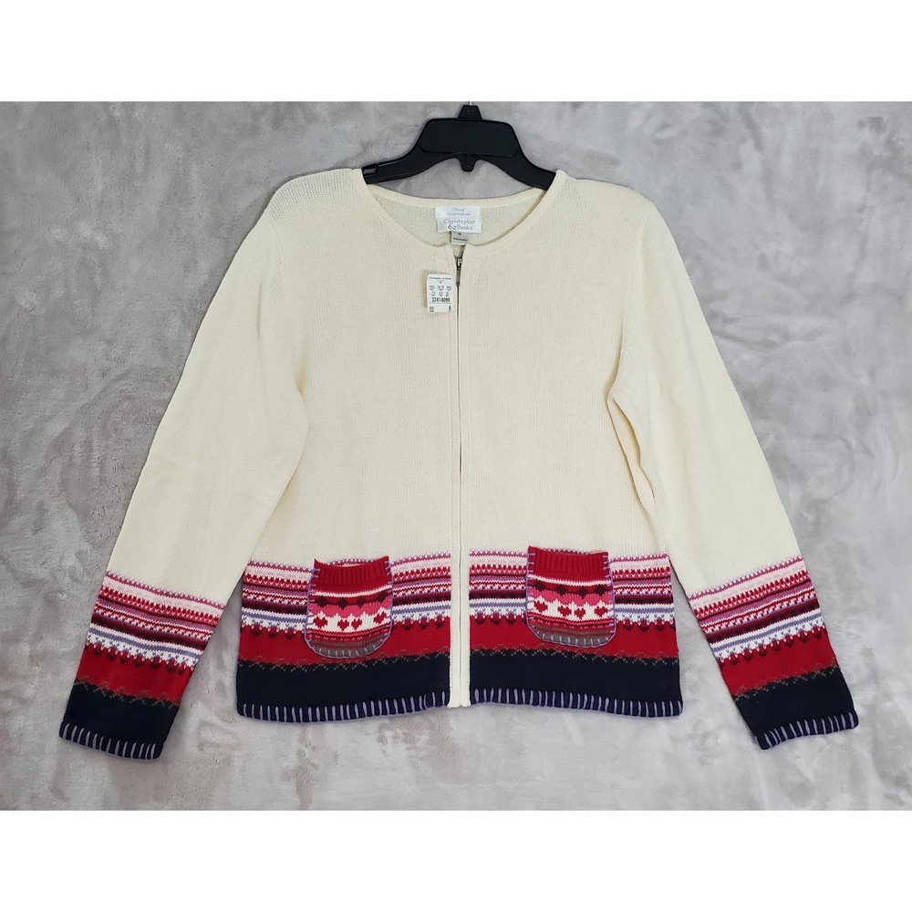 Vtg Christopher & Banks Full Zip Cardigan M Cream Colorful Heart Pockets NWT